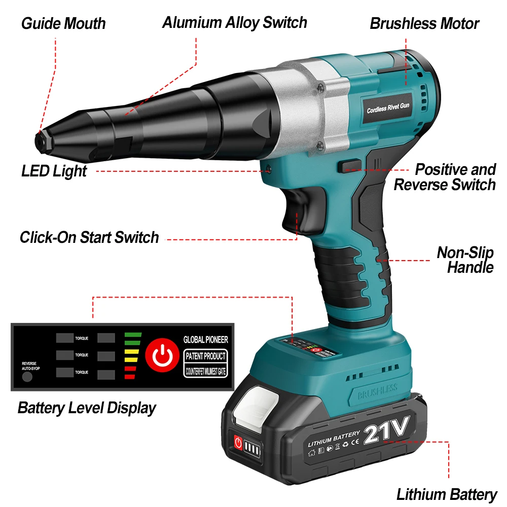 YEARTOP 25000N Бесщеточный электрический пистолет для заклепок Беспроводной 3,2-4,8 мм пистолет для заклепок и гаек Вставка для дрели Автоматический электроинструмент для батареи Makita 18 В