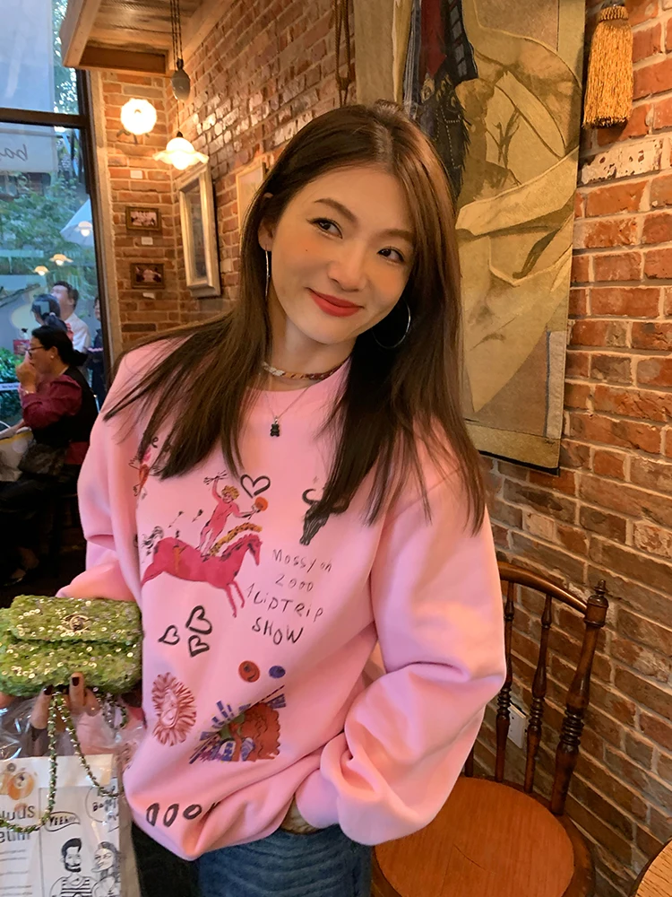 

Women's Fleece Lined Oversized Hoodie round Neck Pullover Sweatshirt Pink Autumn Winter New Design Korean Style Commute Wind