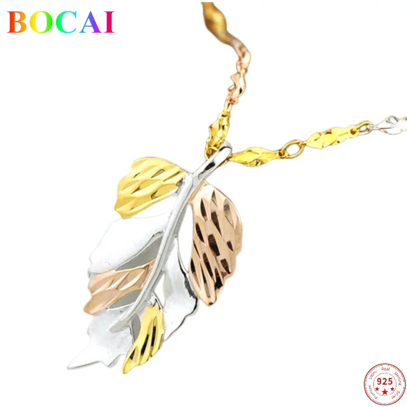 BOCAI S925 Sterling Silver Necklace for Women Three Colors Gold Plated Hollow Maple Leaf Pendant Pure Argentum Jewelry Wholesale