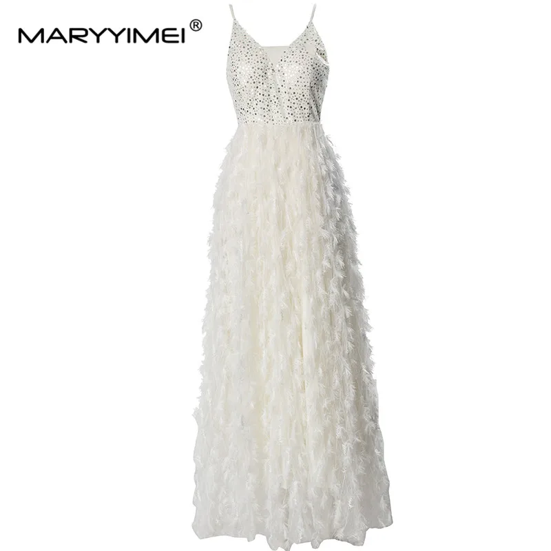 

MARYYIMEI Summer Women's Dress Sexy Spaghetti Strap Backless Sequins Feathers High Waiste Elegant Fashion evening Dresses