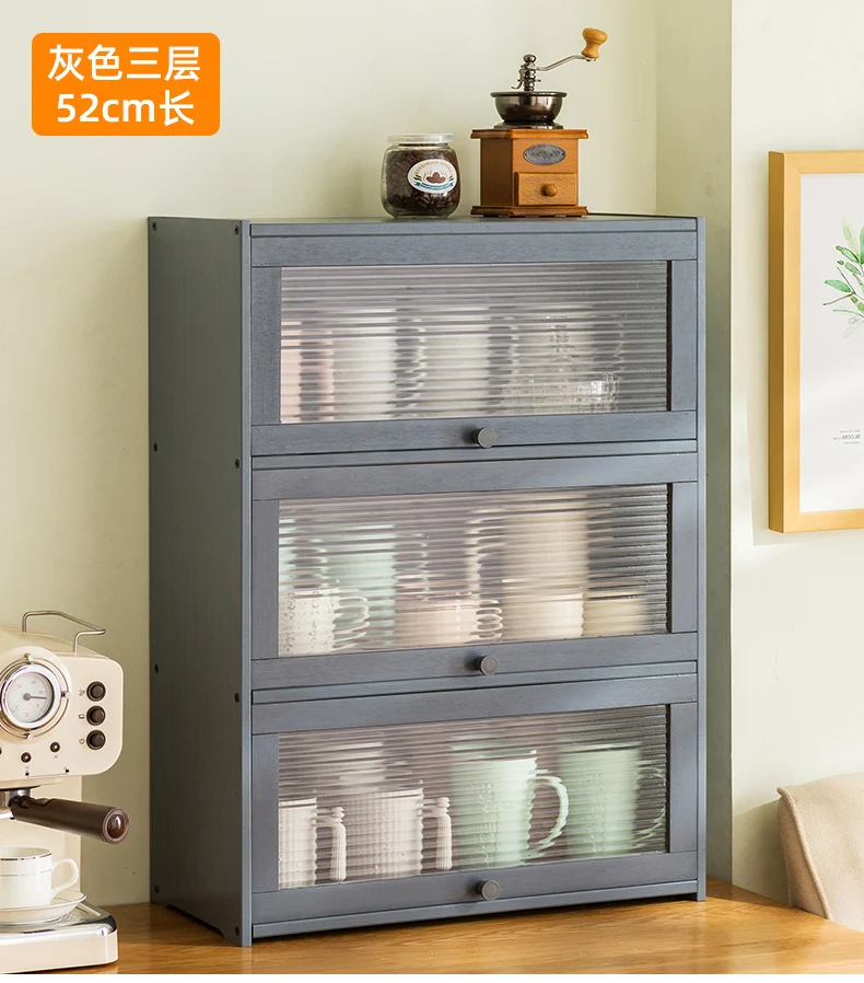 Natural Bamboo Storage Cabinets Dustproof Acrylic Doors Cup Holder Tea Set Display Kitchen Organizer Dining Room