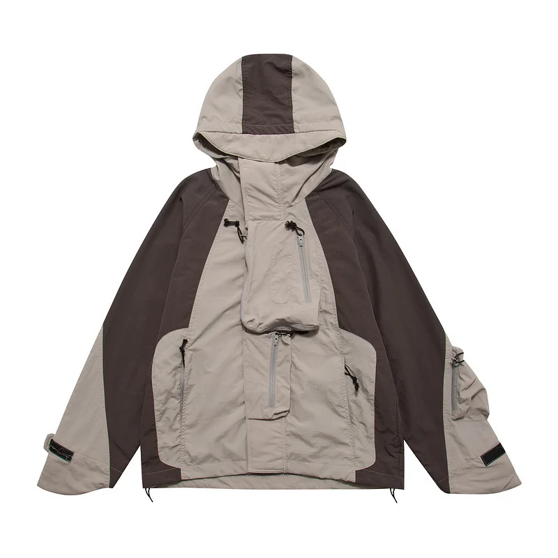

Zip Pocket Colorblock Hooded Windbreaker Mens Contrast Paneled Camping Long Sleeve Outerwear Men