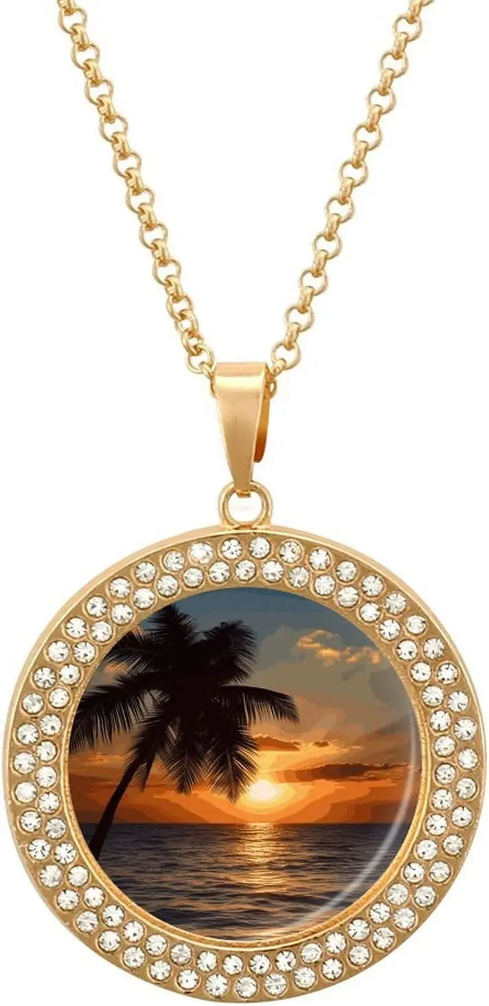 

Multicolored Diamond Pendant Necklace for Women, Ocean Sunset Palm Tree Design, Sparkling Clavicle Chain Gift