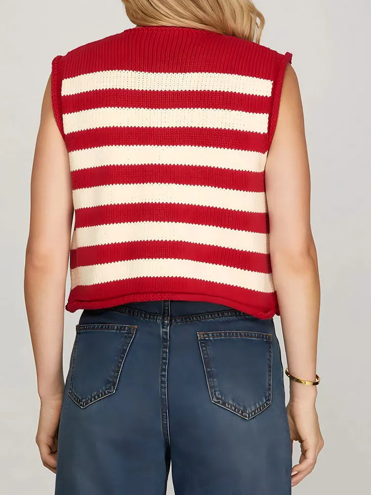 Alta calidad, moda, rayas rojas y blancas, versátil, hebilla de Metal, chaleco tejido de lana, cárdigan, Tops, chaqueta sin mangas para mujer, nuevo