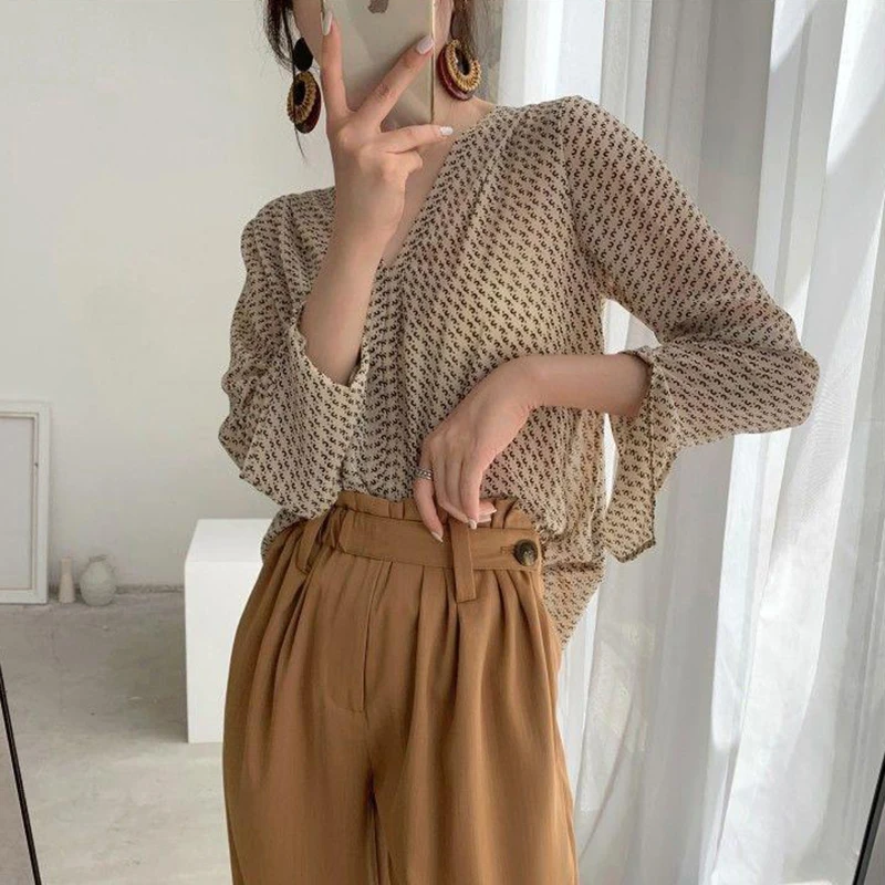 MEXZT Vintage Blouses Women Elegant V Neck Print Long Sleeve Loose Shirts Office Lady Casual Chiffon Chic Sun Protection Tops