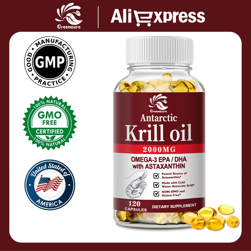 Krill Oil Omega-3 Capsules for Brain Cognitive Memory Booster & Heart and Joint Health Antioxidant