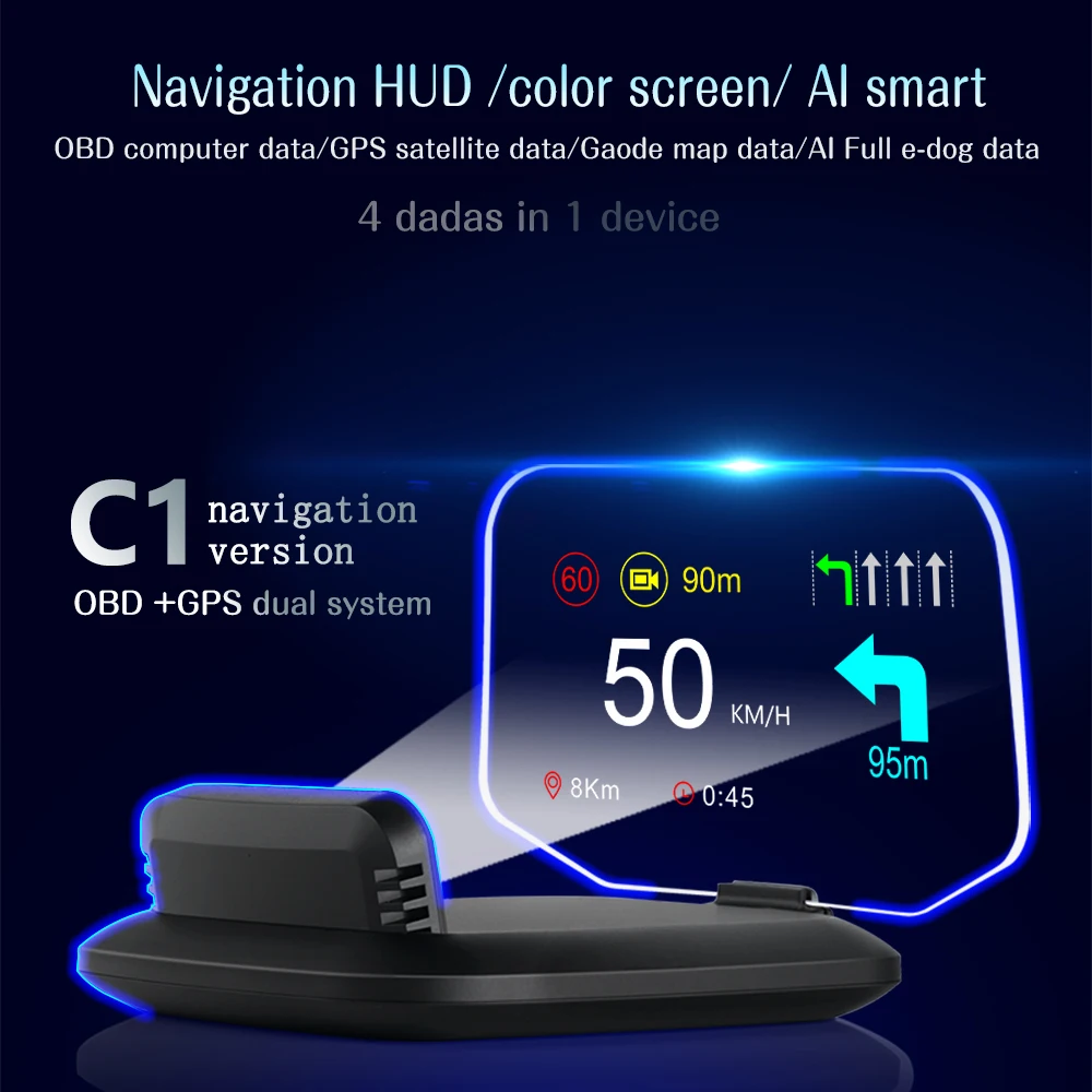 For All Car 5inch Multifunctional HD Projection HUD C1 OBD2+GPS Navigation Over Speed Alarm With Speedometer Glare Shield HUD
