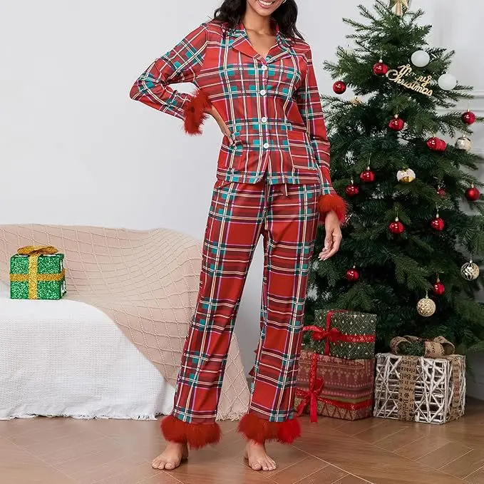 Women New Year Pajamas Set Christmas Party Loungewear Feather Long Sleeve Shirt Pants Sleepwear Santa Claus Night Wears Pyjamas