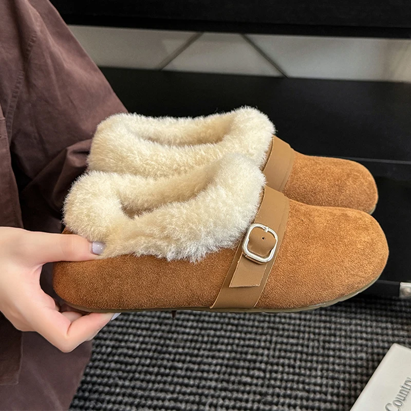 

Женские ботинки на плоской подошве, меховые замшевые теплые модные модельные туфли, короткие плюшевые женские ботинки Botas 2025, зимние уютные повседневные новые женские зимние ботинки