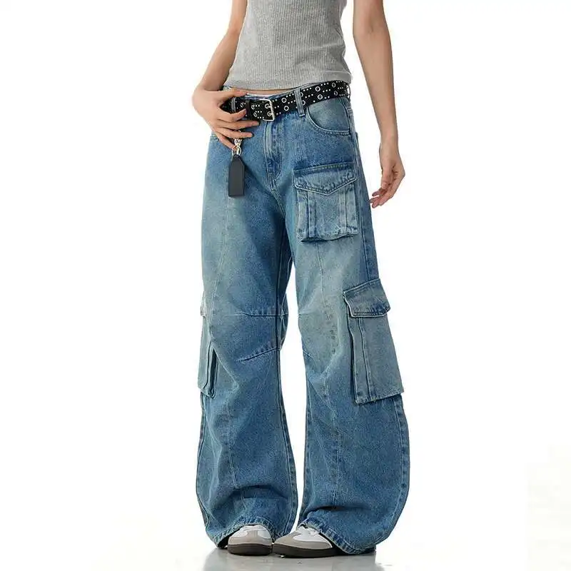 

Изогнутые широкие джинсы в американском стиле с ножом, потертые изношенные с несколькими карманами, мужские свободные повседневные джинсовые брюки в пол 7UA6