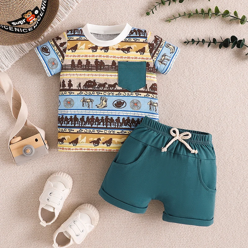 

Toddler Boy Western Outfit Animal Booties Print Short Sleeve Tops with Solid Color Shorts 2 Pcs Clothes