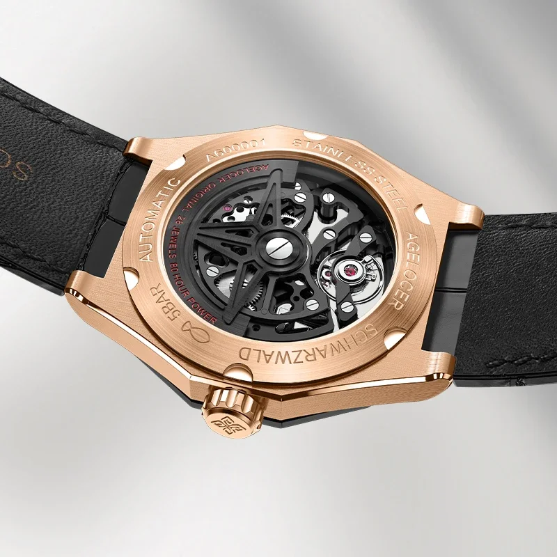 AGELOCER Men\'s Top Brand Black Skeleton Fashion Mechanical Automatic Luxury Stainless Steel Luminous Genuine Watch
