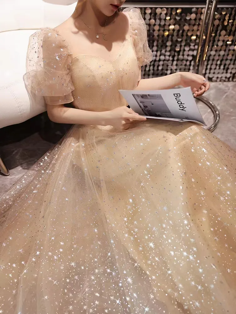 Robe de soirée Champagne, manches bouffantes, ligne a, longueur au sol, dos à lacets, robe de bal, de Banquet, Haute Couture