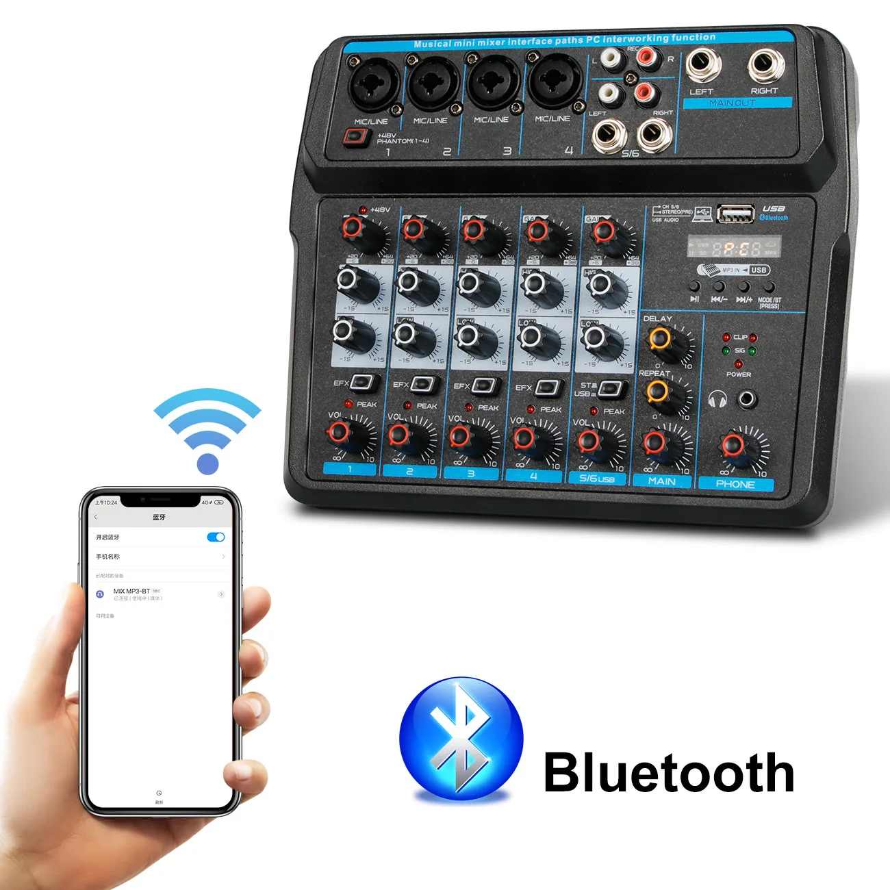 Аудио DJ-микшер, звуковая плата, консоль, 6 каналов, фантомное питание 48 В с Bluetooth, USB, MP3, стерео DJ-студия для вечеринки, КТВ, сцены