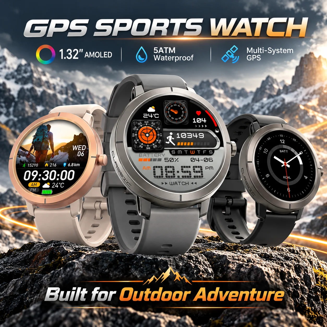 GPS Smart Watch Men Women 1.32 Inch AMOLED 5ATM Waterproof Bluetooth Calling Sports Fitness Tracker Heart Rate Monitor