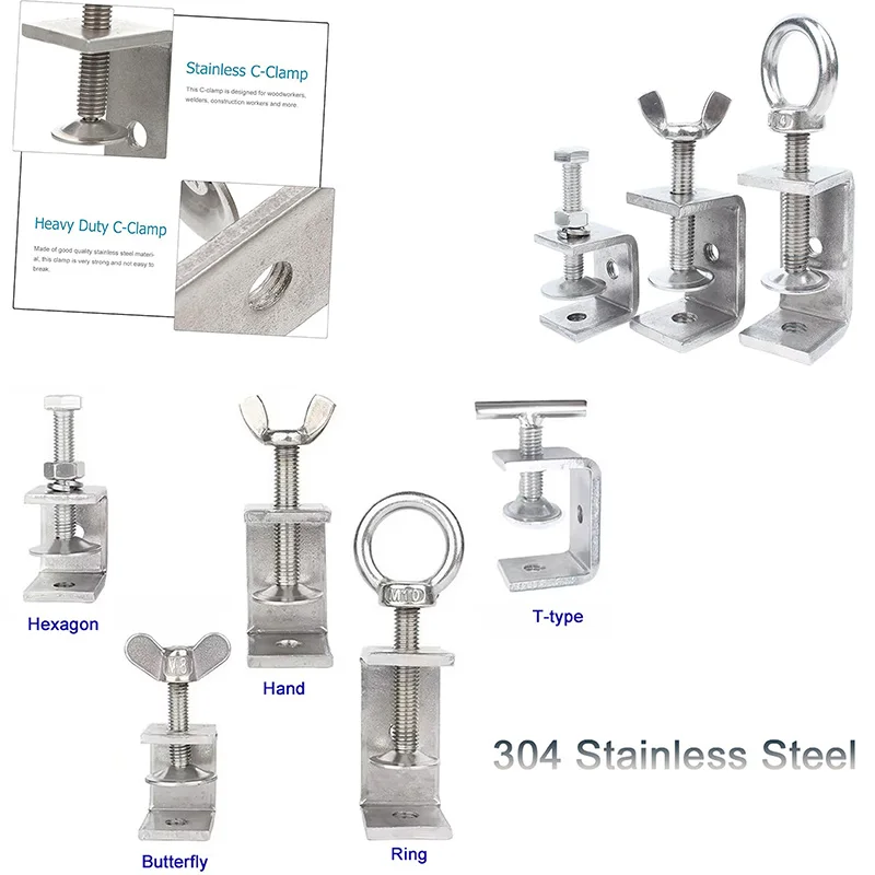 1Pcs 304 Stianless Steel Tiger Clamp C-clamp Square Pipe Clamp  Adjustable Fixed Holder Clips Hexagon、Butterfly、Ring、T-type、Hand
