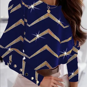 Women's golden striped print shirt, elegant office tops-en, single -chest, long sleeve, jumping collar, female blouse, new fashion 10 Main Sales Gold Blouse - №5
