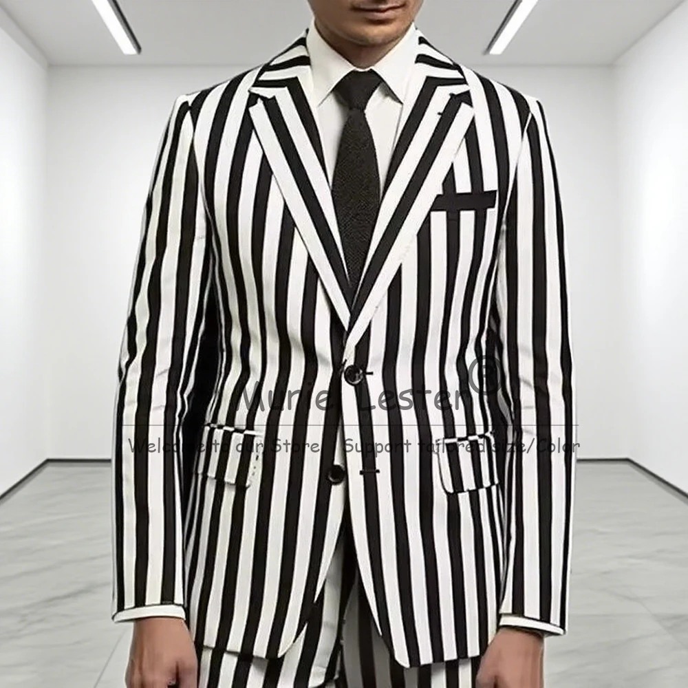 

Male Fashion White/Black Stripes Suits Men 2 Pieces Sets Single Breasted Man Party Blazers Customized Groom Party Wedding Tuxedo