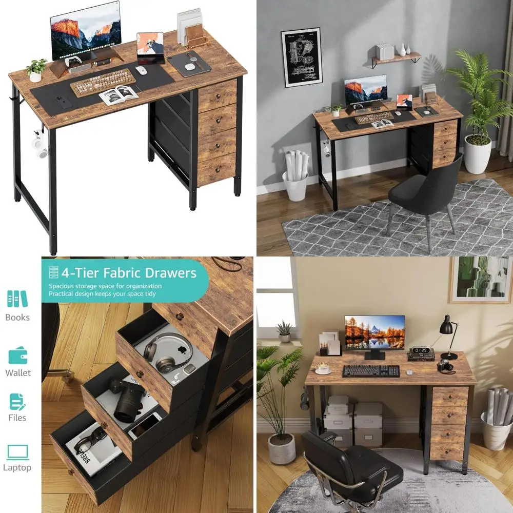 47 Inch Modern Computer Desk with 4 Fabric Drawers - Reversible Writing Study Desk for Home Office, Bedroom Use