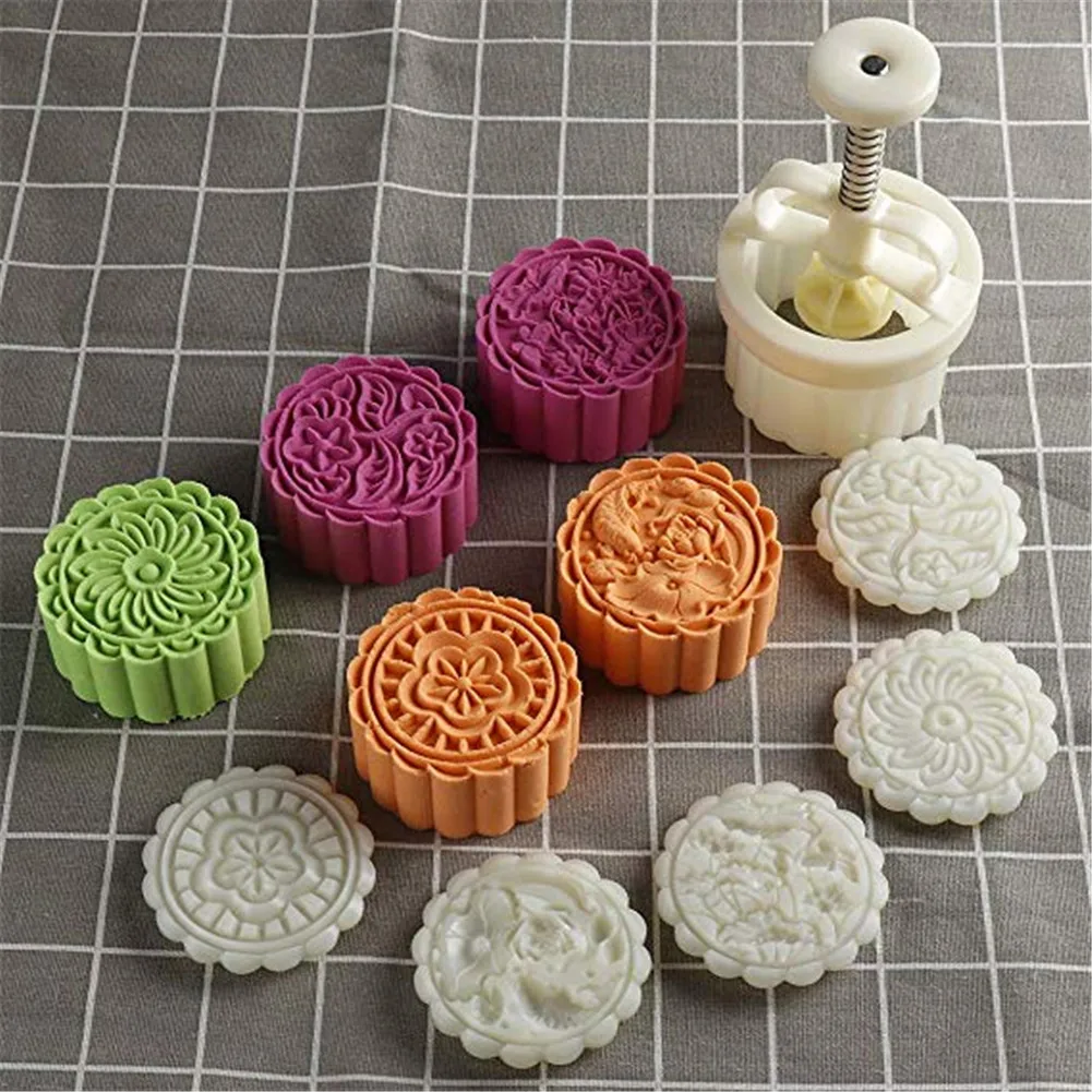 

4Pcs/Set Mooncake Mold 150g 3D Hand-pressed DIY Fondant Cake Decoration Tools Flower Dragon Lotus Shape Cake Mould Stamps