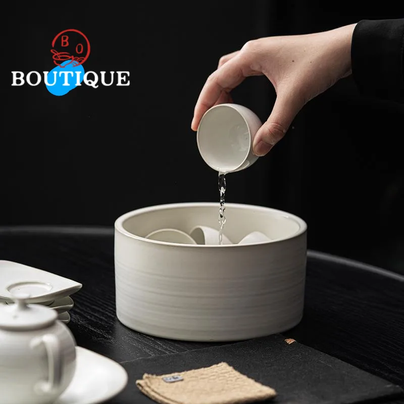 900ml Retro Coarse Pottery Tea Wash Bowl Large Jianshui Water Cup Tea Dust Cylinder Barrel Wash Ink Brush Tea Residue Barrel