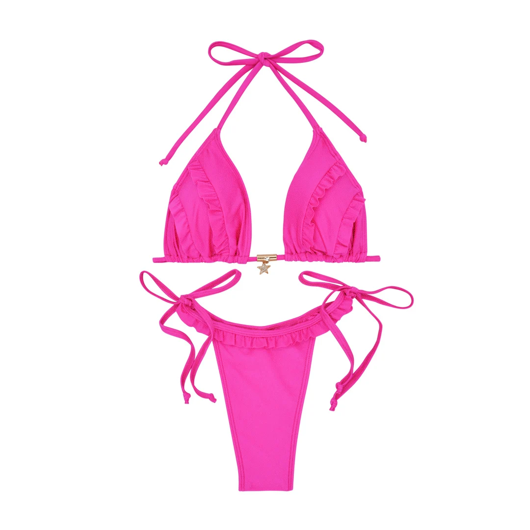 S - XL Neckholder-Bikini mit Rüschen und Raffungen, zweiteiliger Bikini-Set für Damen, Badeanzug, Badebekleidung, Badehose, Modell V6143 – Detail 7