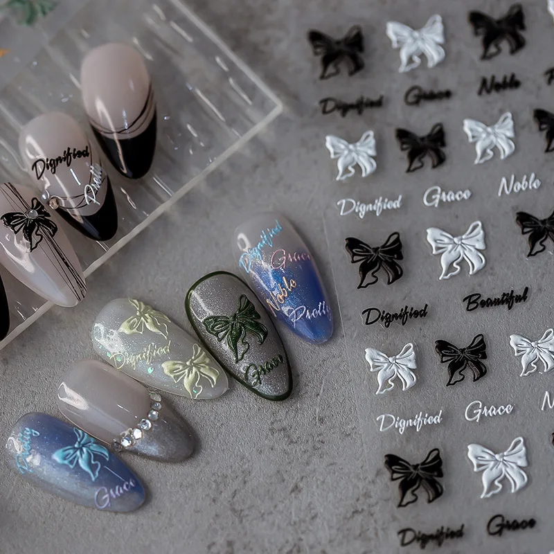 1 Sheet 5D Realistic Relief Beautiful Grace Various Colors Bowknots Adhesive Nail Art Stickers Decals Manicure DIY Accessories