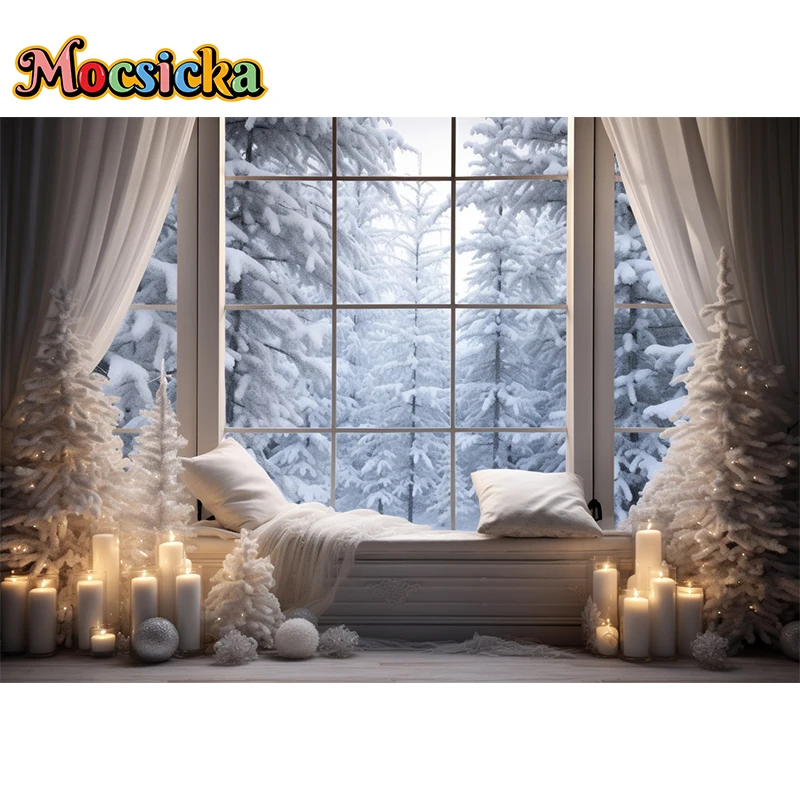 Christmas Tree Backdrop Photography Winter House Background Snow New Year Window Girl Kids Photo Indoor Decoration Props Studio