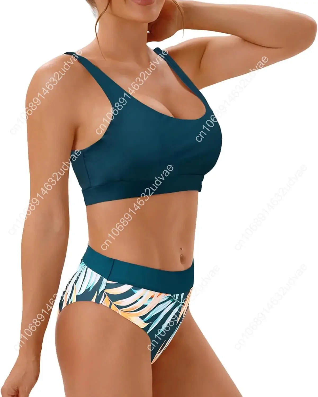 High Waisted Two Piece Swimsuits for Women Tummy Control Tankini Bathing Suits Sporty Printed Swimwear