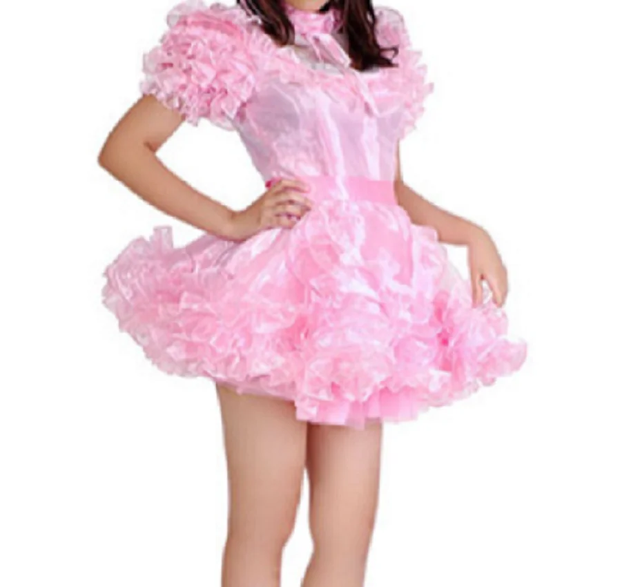 

Hot sale lockable sissy pink cute fluffy dress gothic maid outfit custom glamour halloween costume sexy