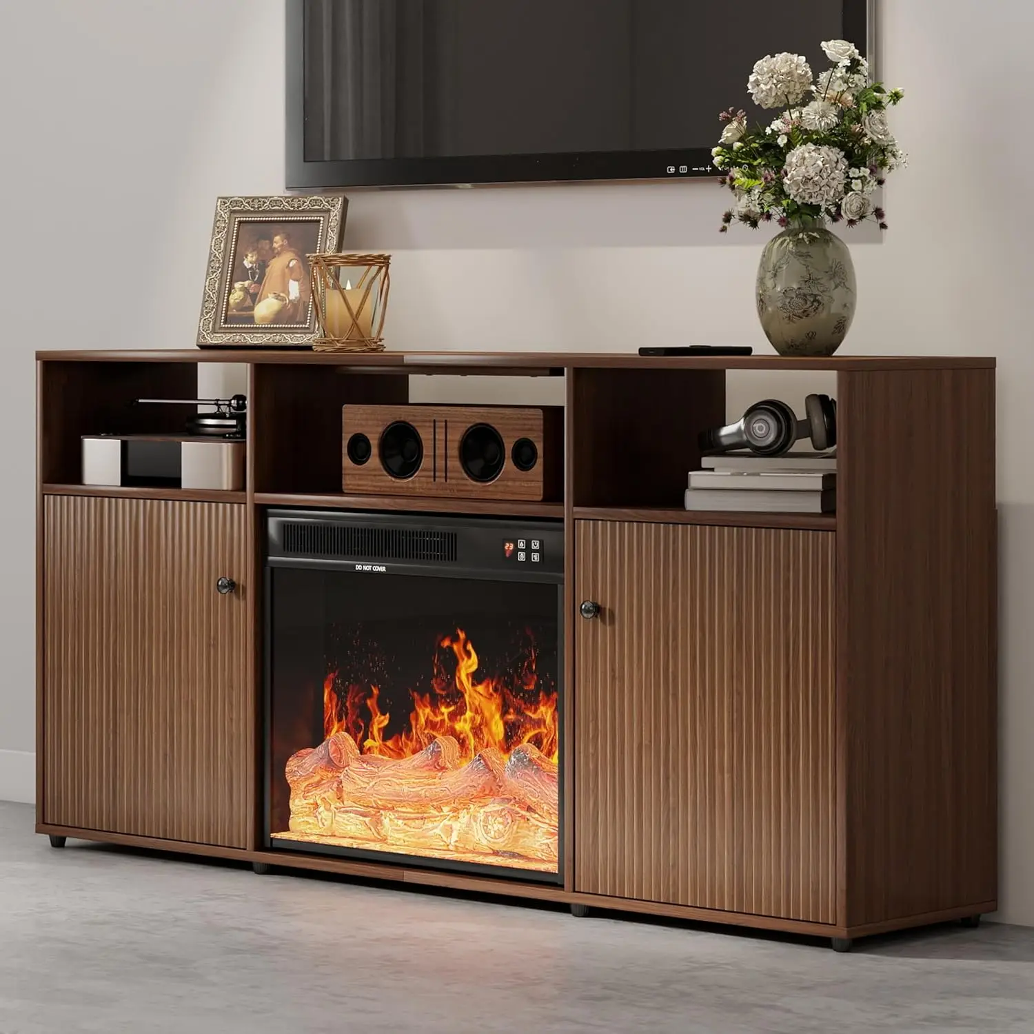 Fireplace TV Stand with 23'' Electric Fireplace, Mid Century Modern Fluted Entertainment Center for TVs up to 65