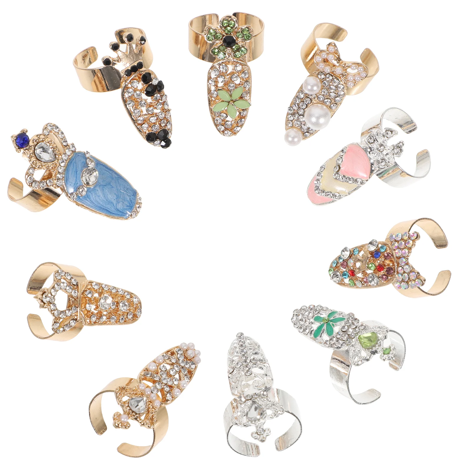 10 Pcs Open Nail Set Rhinestone Punk Ring Finger Jewelry Personality Metal Cuff Alloy Decoration Knuckle Rings Miss