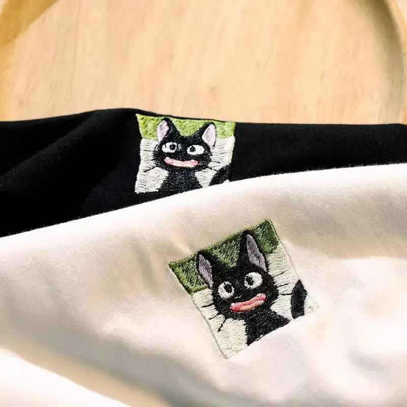 Men Women Black Cat Embroidered T-Shirt Couple Matching Cotton Tee Unisex Casual Loose Fit Minimalist Graphic Summer Fashion Top