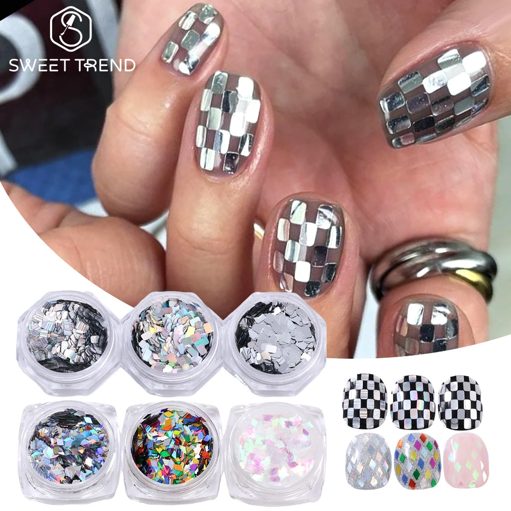 SWEET TREND - 6 Boîtes de Paillettes Carrées Laser Argentées pour Nail Art, Flocons Holographiques, Décorations Échiquier, Manucure DIY Scintillante
