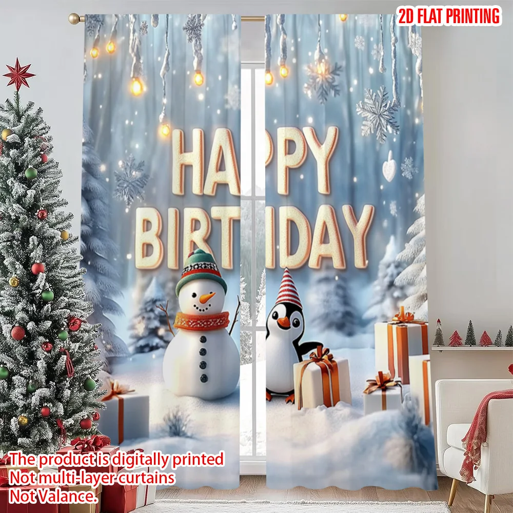 

2pcs 2D flat printing Merry Christmas Popular Window Curtains Snow penguin snowman scene Versatile Polyester Without Electricity