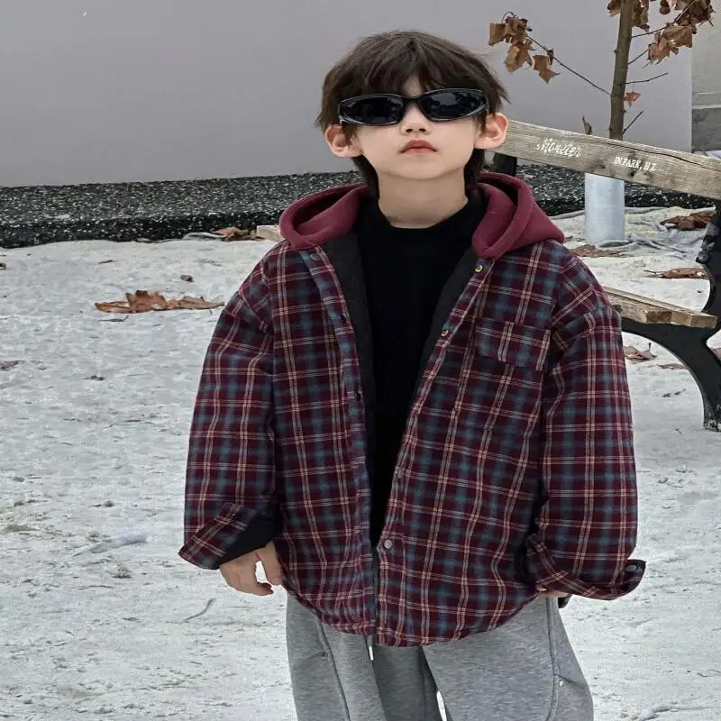 Fashion Children's Clothing Autumn Korean Version 2025 New Item Cotton Thick Hooded Plaid Boys' Outerwear Warm and Trendy Top