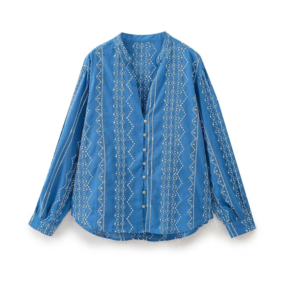 2024ZAR4 summer new women\'s niche fashion ethnic style versatile blue V-neck embroidered long sleeved shirt top