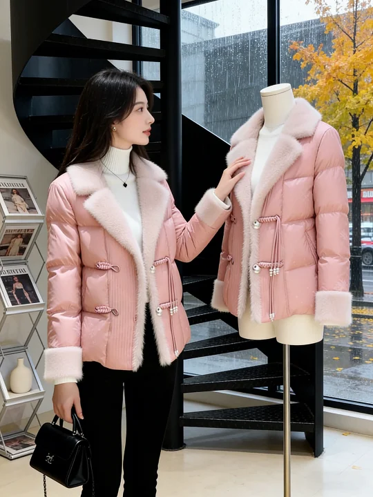 

Adorable Pink ort Thiened Warm Cotton Jaet Korean Sle Winter Clothes Commute Straight Tube Long Sve Single Button
