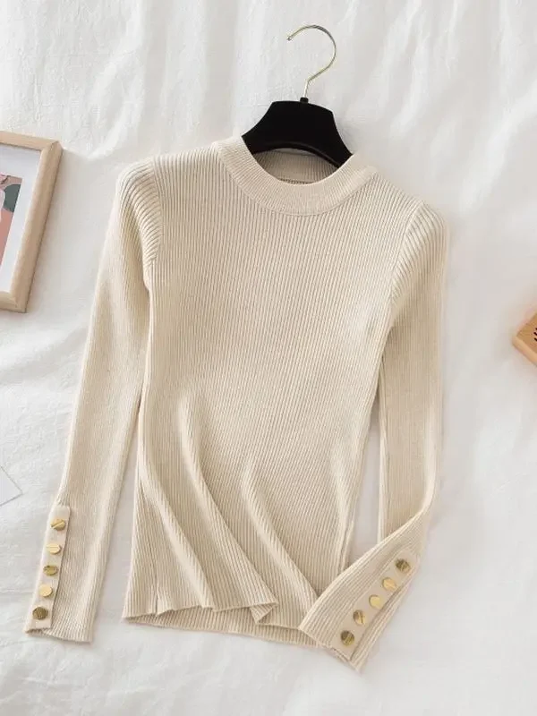 

2024 women thick sweater pullovers khaki casual autumn winter button o-neck chic sweater female slim knit top soft jumper tops