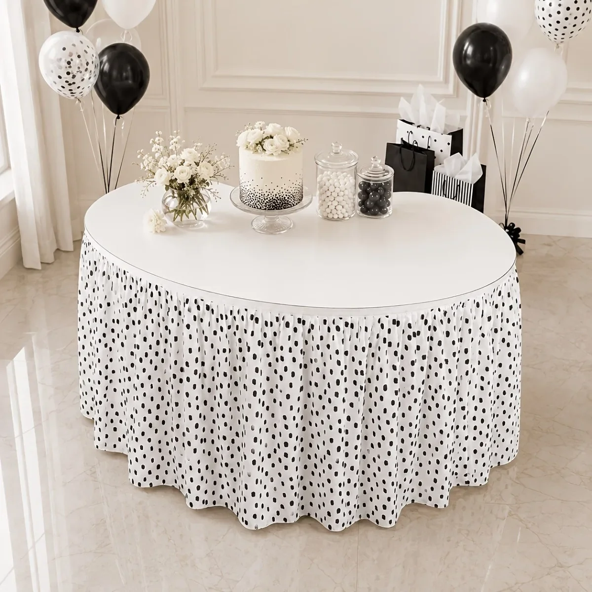 tableskirt 2D flat printing 1pc Party tablecloth, skirt, 1pc Black and white polka dot table skirtxzj