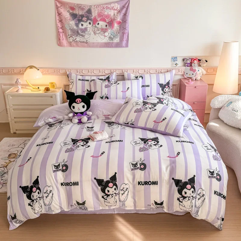 4-piece Sanrios Hello Kittys Kuromi Bed Sheet Quilt Set Cartoon Cute Melody Soft Cotton 3-Piece Girl Home Dormitory Bedding Set