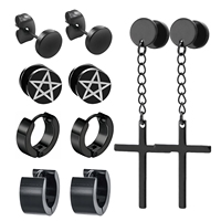 5Pair Black Cross Chain Star Punk Goth Stainless Steel Stud Piercing Earring for Male Female Teens Fashion Jewelry Gift Set