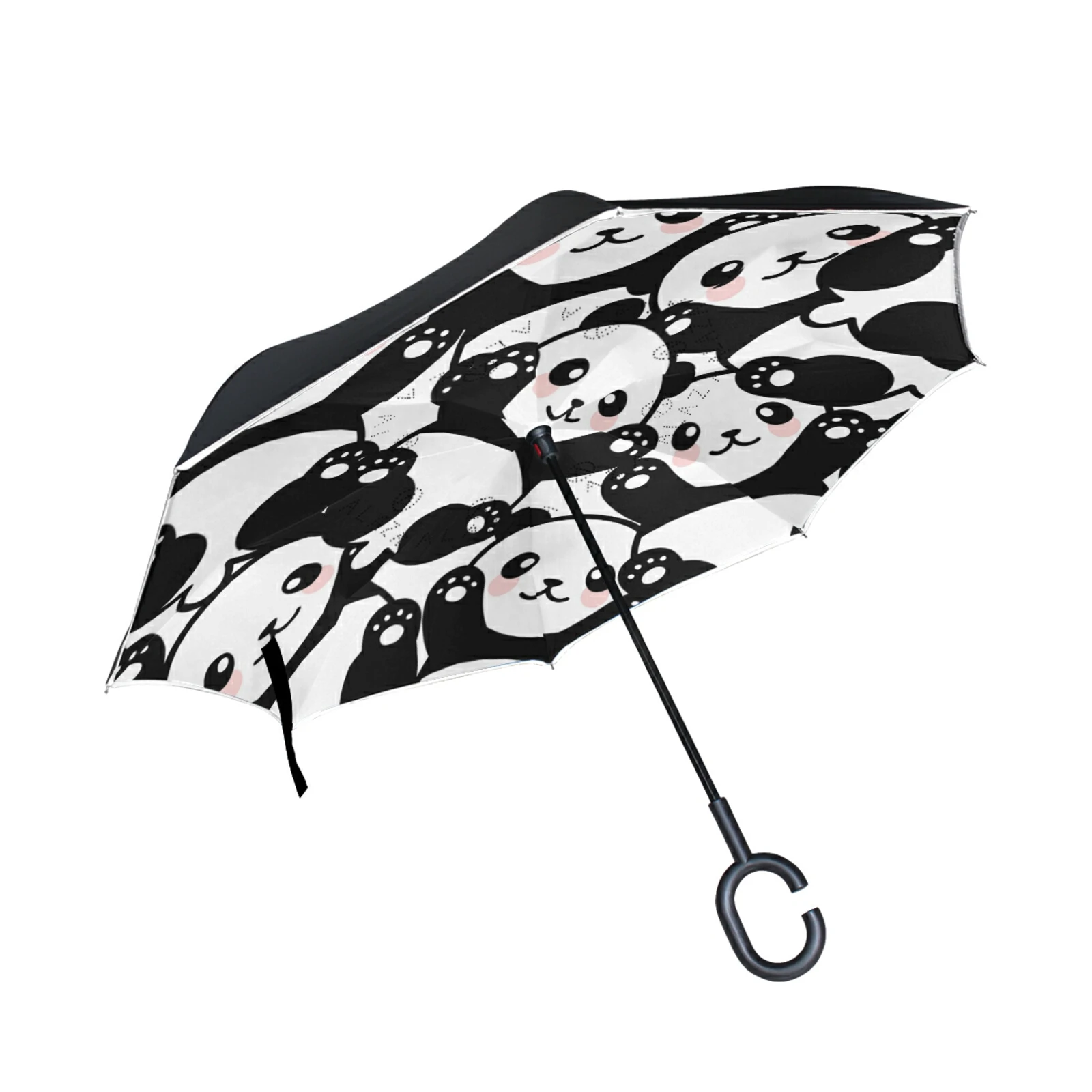 

Long Handle Car Reverse Umbrella Rain Women Cute Panda Pattern Windproof Umbrella Double Layer Inverted Self Standing Parasol