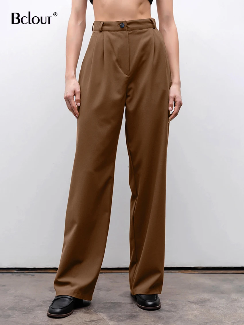 

Bclout Fashion Brown Long Pants Women 2024 Elegant Solid Office Lady Straight Trousers Spring High Waist Slim Pleated Pants Sexy