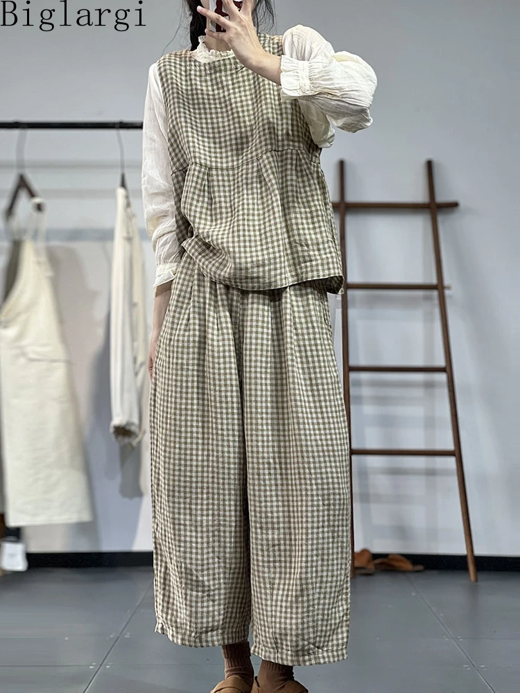 

Oversized 2 Two Piece Set Summer New Women Plaid Sleeveless Vest + Korea Casual Loose Cotton Linen Print Wide Leg Pants Sets