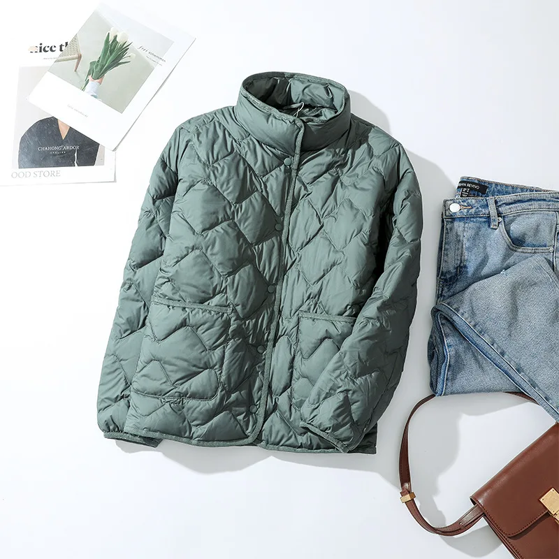 New Lightweight White Duck Down Jacket Parka Women Diamond Lattice Autumn Winter Oversize Coat Female Short Stand Collar Outwear