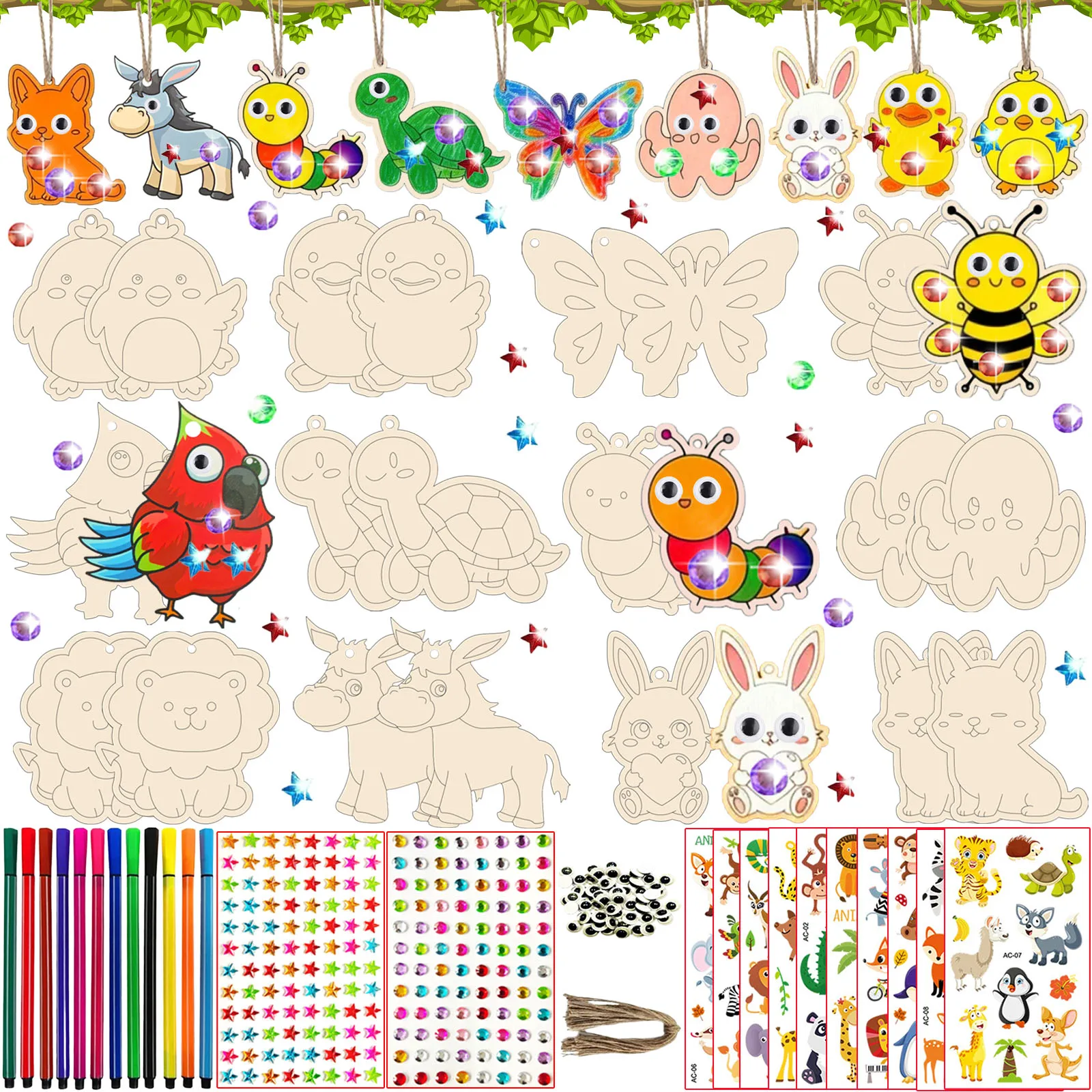 294-teiliges Holztier-DIY-Bastelset für Kinder - unfertige Holzhandarbeiten für Kinder