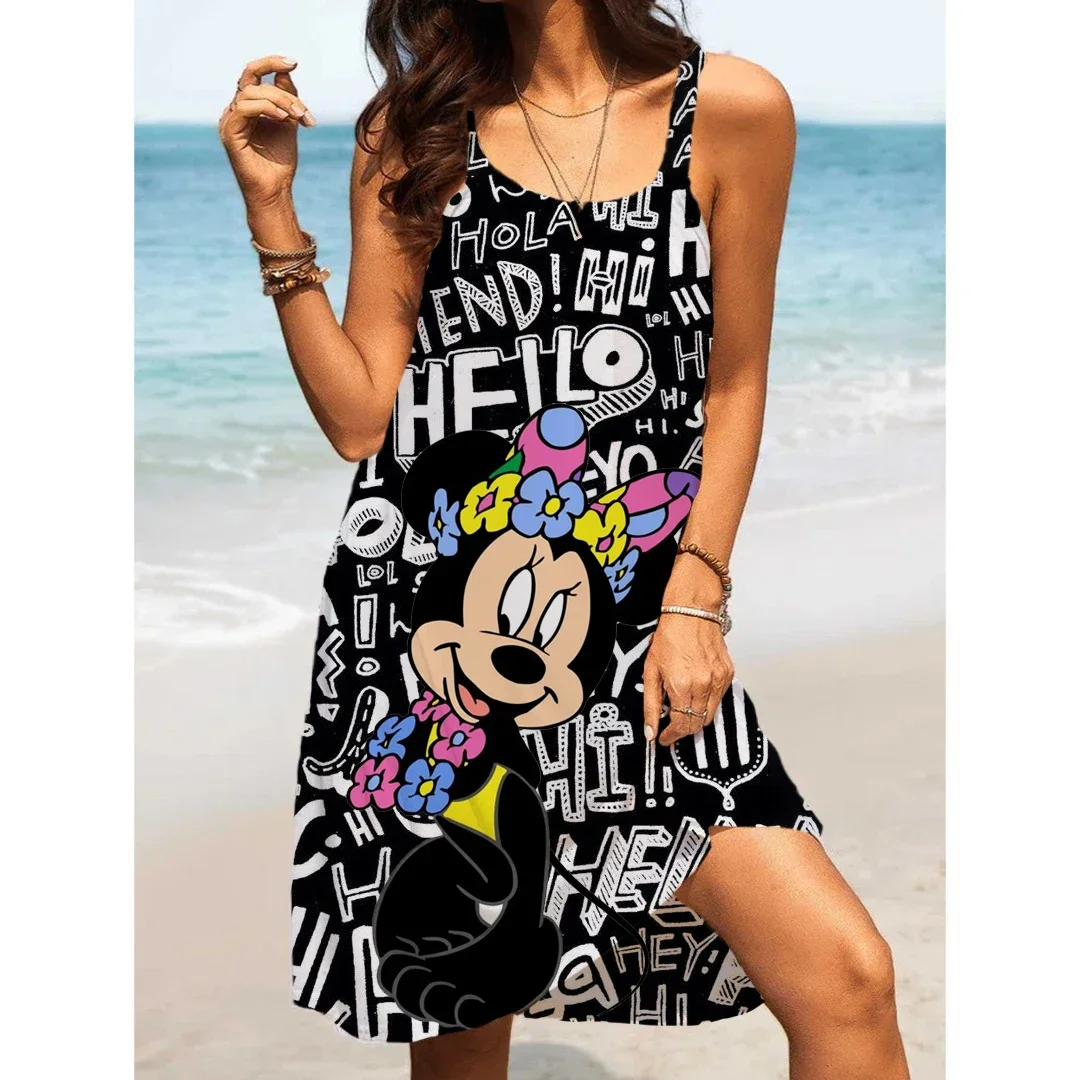 Letnia moda Sling Print Sexy Skinny Seaside Casual Oversize Damskie sukienki plażowe Disney-Mickey Minnie Sukienki dla kobiet 2024