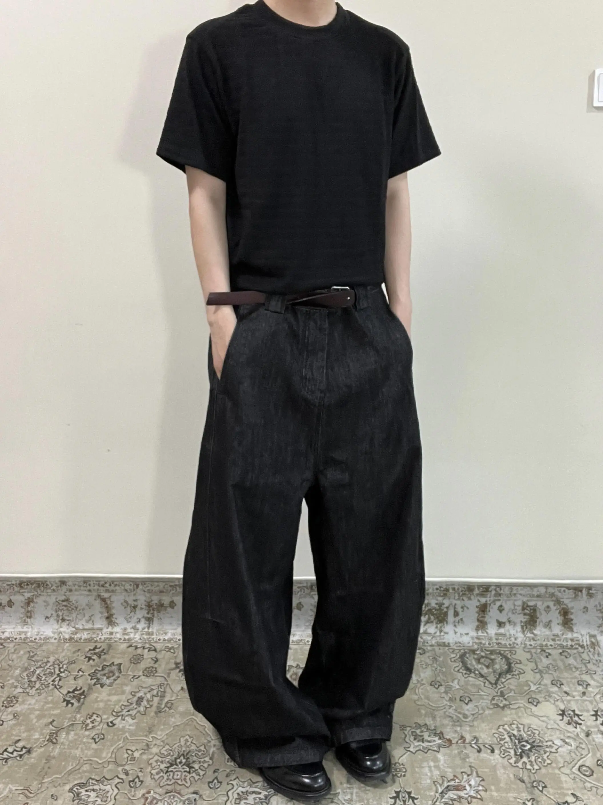 

American Retro Bla Original Jeans Knee Pleat Double Side Stitch Structure Line Bend Knife Jeans Loose Wide Leg Long Pants f...