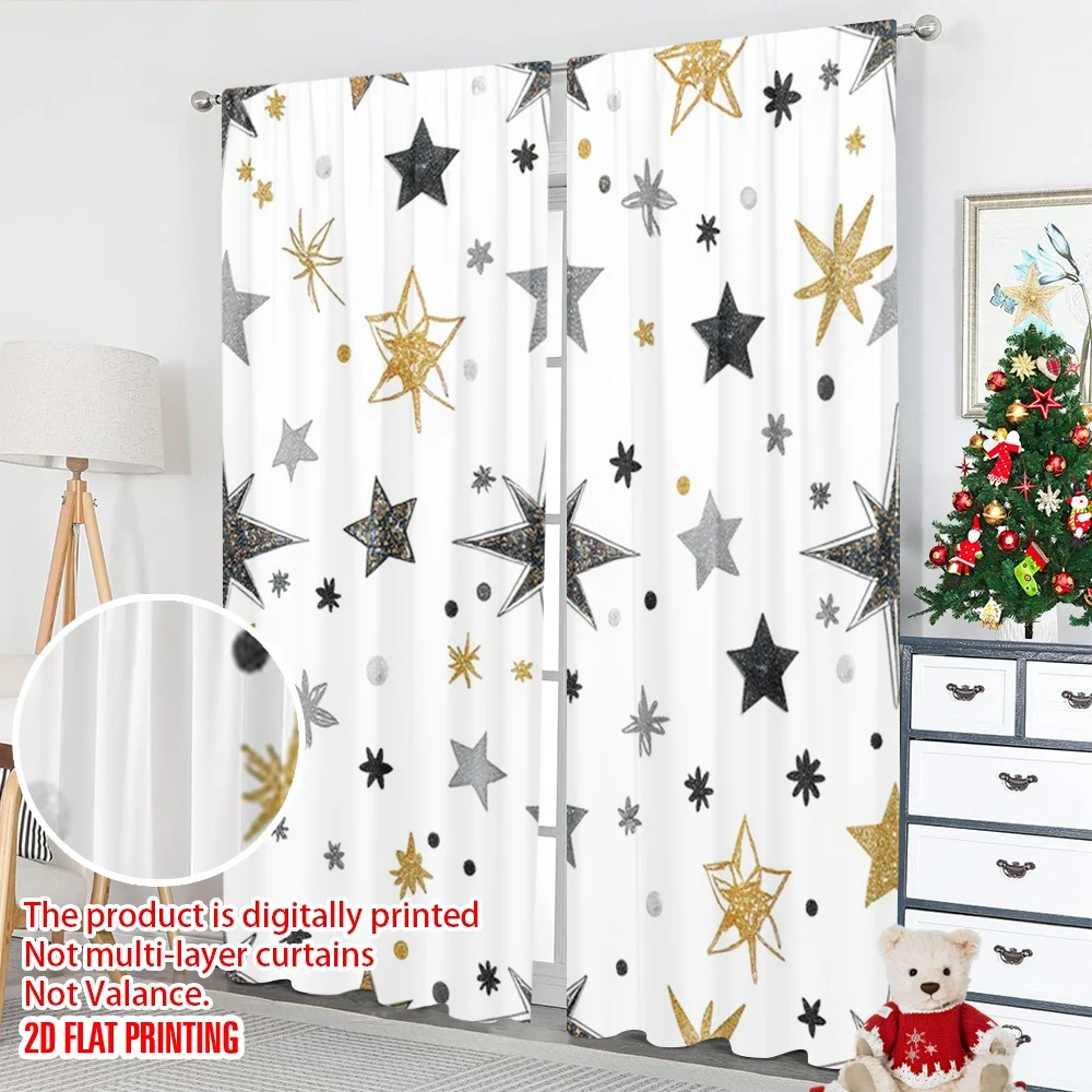 2 قطعة 2D الطباعة المسطحة نافذة الستائر نجوم سلس الذهب الأسود الرقمية المطبوعة البوليستر الستائر زينة الحفلات للصور